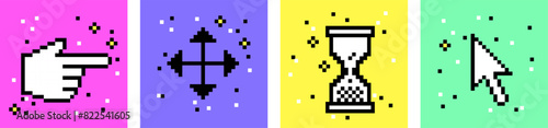 Set of pixel art elements. Hand click cursor. Pointer icon. UI. Y2k trendy stickers. Simple forms, symbols. Mood of 90's aesthetics. 8-bit retro style vector illustration. Neon colorful background