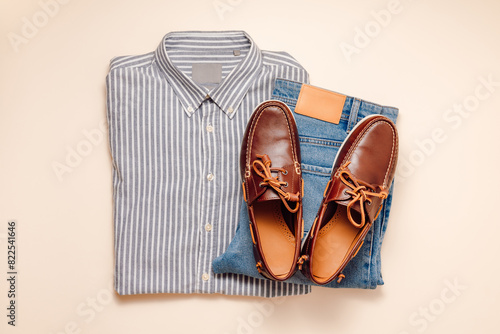 Men's casual outfit top view.Male shirt with jeans and leather moccasins shoes on beige background, fashionable look