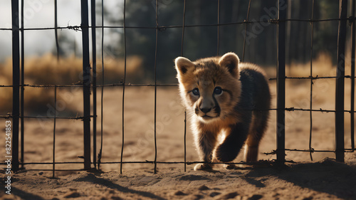 Fototapeta Naklejka Na Ścianę i Meble -  Captivity in animal zoo behind cage bars. The concept of keeping animals in captivity where they suffer.