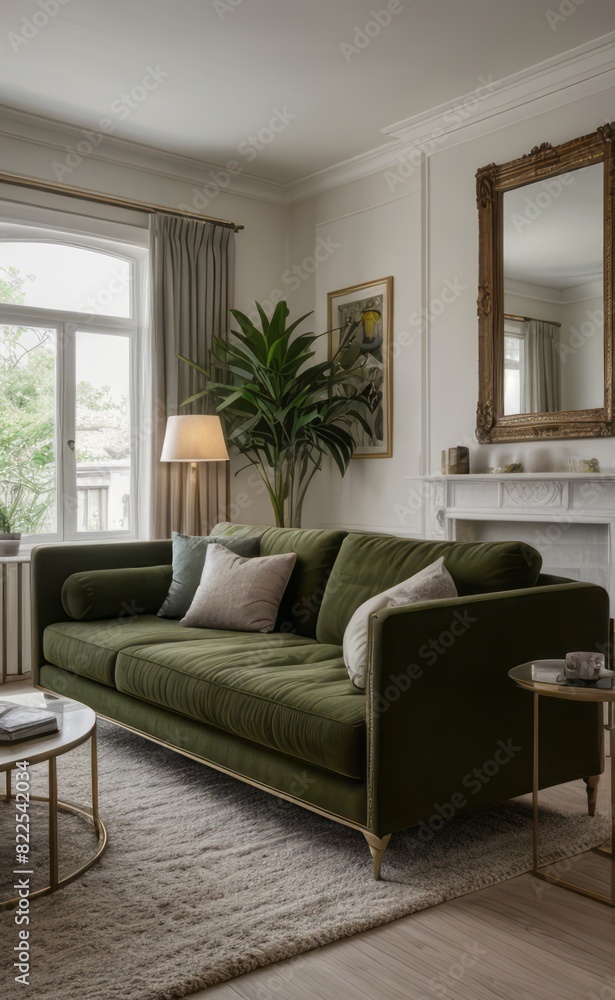 Fototapeta premium Stylish professional photograph of a dark green and brass luxury living room interior with velvet furniture and tropical plants