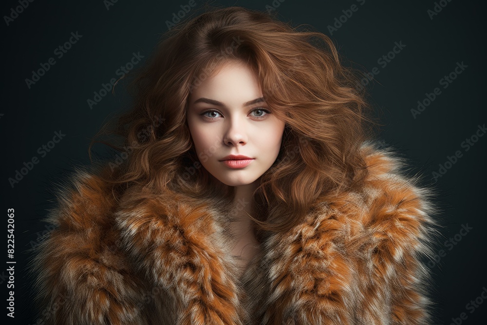 Portrait of a young woman with voluminous hair wearing a stylish fur coat against a dark background Portrait of a young woman with voluminous hair wearing a stylish fur coat against a dark background