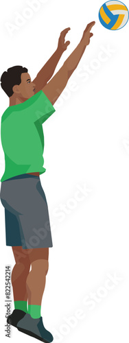 Isolated figure of a black volleyballer jumping and pushing a ball with two hands
