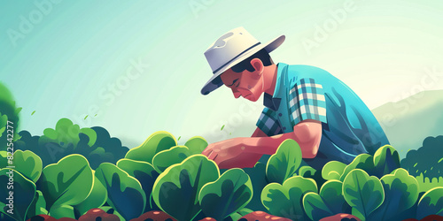 The Sweat of Dedication: A farmer kneeling down amidst a lush field, carefully tending to their crops as sweat trickles down their forehead. The sun shines bright photo