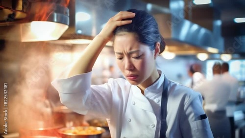 A distressed chef holds her head in a busy commercial kitchen filled with steam and movement, symbolizing stress, pressure, and the hectic nature of professional cooking.