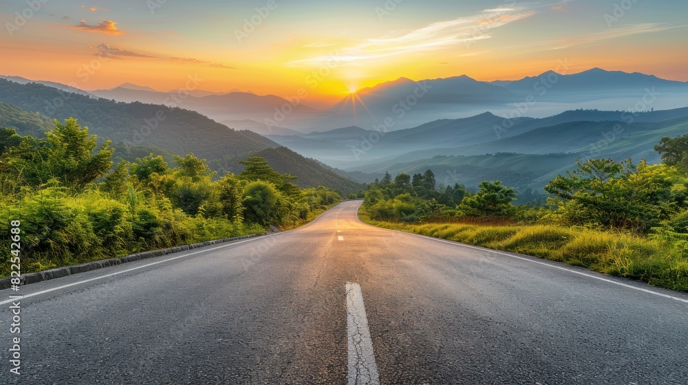 Beautiful scene asphalt highway road on nature mountains landscape at sunrise. Generated AI