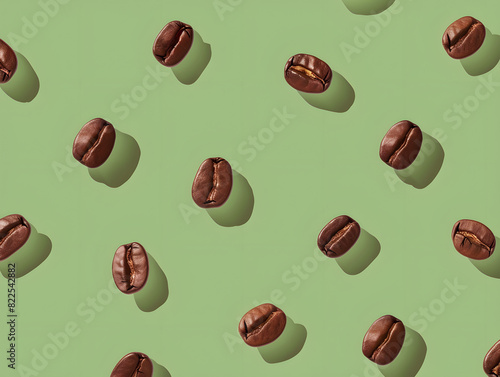 Matcha green background with coffee beans evenly distributed in the background, minimalist background photo