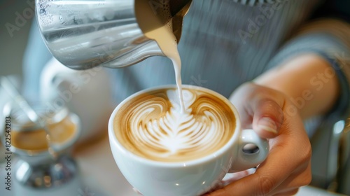 Barista creating latte art by pouring milk into a cup of coffee, Created with Generative AI.