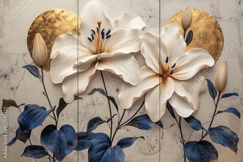 three panel wall art, white marble background with white golden tulip flowers designs, with golden round circle #822543422