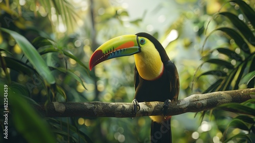 Keel billed Toucan, Ramphastos sulfuratus, bird with big bill sitting on branch in the.Generative Ai photo