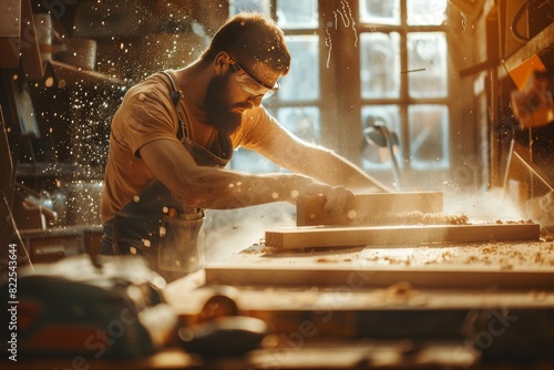 Craftsman woodworking in a welllit workshop, surrounded by flying wood shavings and tools, Created with Generative AI. photo