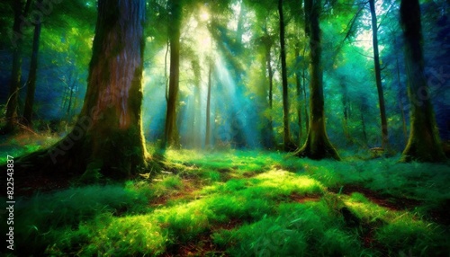 A tranquil forest clearing, sunlight filtering through the canopy onto a carpet of emerald-green grass. © Muhammad Faizan