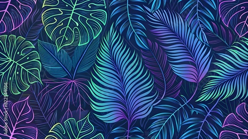 Simple vector line pattern of monstera and palm leaves, colorful, thick stroke lines, elegant style photo