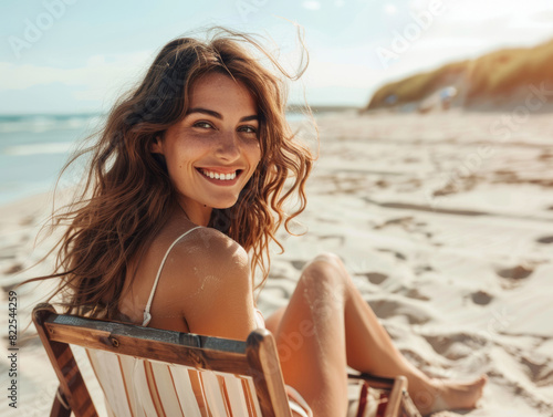 Obraz na płótnie Happy smiling pretty young woman sitting on a deck chair on a sandy beach on a sunny day during summer holiday. w salonie