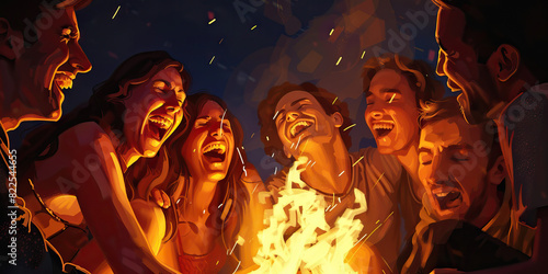 Laughter in the Glow of the Campfire  A circle of friends gather around a crackling bonfire  their joyful expressions illuminated by its warm embrace as they share heartfelt stories