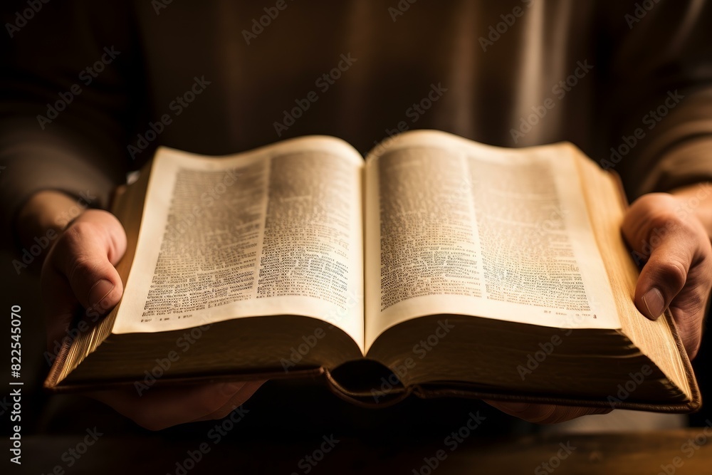 Close-up of a person holding an open book, illuminated from behind with a warm glow Close-up of a person holding an open book, illuminated from behind with a warm glow