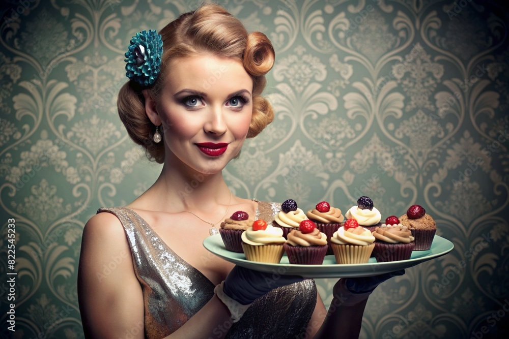 A woman is holding a tray of cupcakes and smiling A woman is holding a tray of cupcakes and smiling