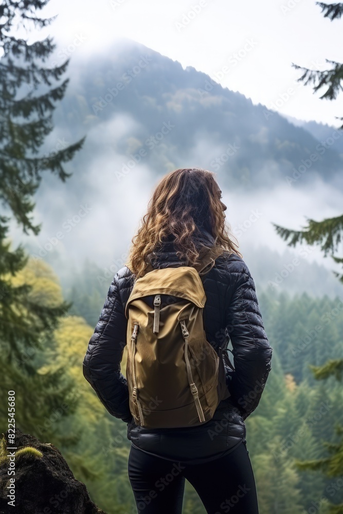 A woman enjoys the view of the summer mountains while on a mountain peak. Hiking and digital detox concept. Contemplation of nature alone with your thoughts. Peace and slow life. Vertical photo.
