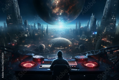 A digital artwork of a person in command center with a view of a sci-fi city and celestial bodies