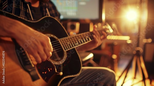 Closeup of person playing an acoustic guitar in a warmly lit room, Created with Generative AI. photo