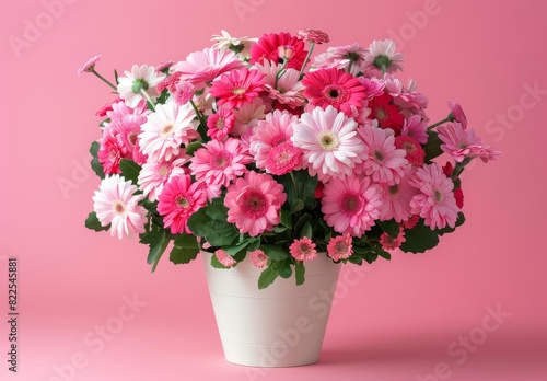Charming pink backdrop with gerberas and fresh carnations for a sweet, romantic Women's Day setup. Perfect for product display, front view, with space left empty. photo