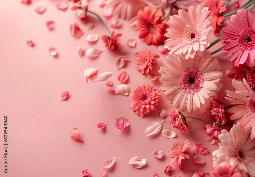 Charming pink backdrop with gerberas and fresh carnations for a sweet, romantic Women's Day setup. Perfect for product display, front view, with space left empty. Charming pink backdrop with gerberas and fresh carnations for a sweet, romantic Women's Day setup. Perfect for product display, front view, with space left empty.