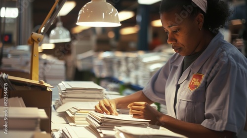 Worker sorting envelopes in a brightly lit office environment, Created with Generative AI. photo