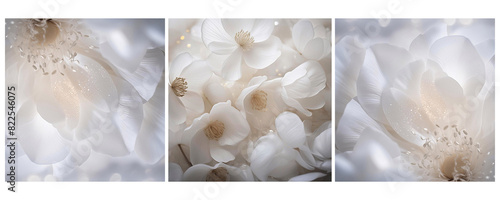 Tryptyk, ilustracja, letni biały kwiat, jasny kolor. Pastelowe dekoracyjne tło kwiatowe. Bukiet kwiatów, puste miejsce na tekst, życzenia lub zaproszenie