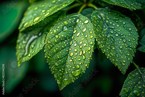 Water droplets against an abstract background of green leaves. Water on a leaf  drips of rain