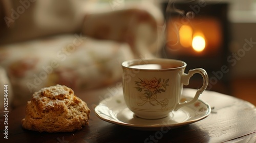 A steaming cup of tea paired with a freshly baked scone creating a moment of peaceful indulgence.
