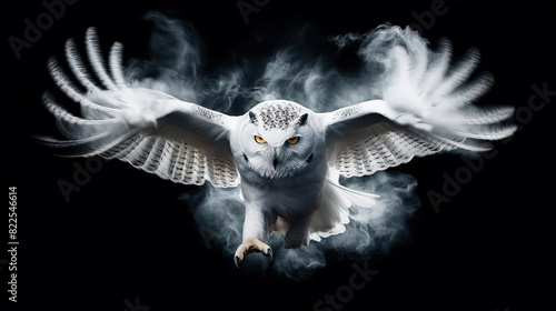 A white owl in flight against a dark background, capturing the majestic and ethereal beauty of this graceful nocturnal bird.