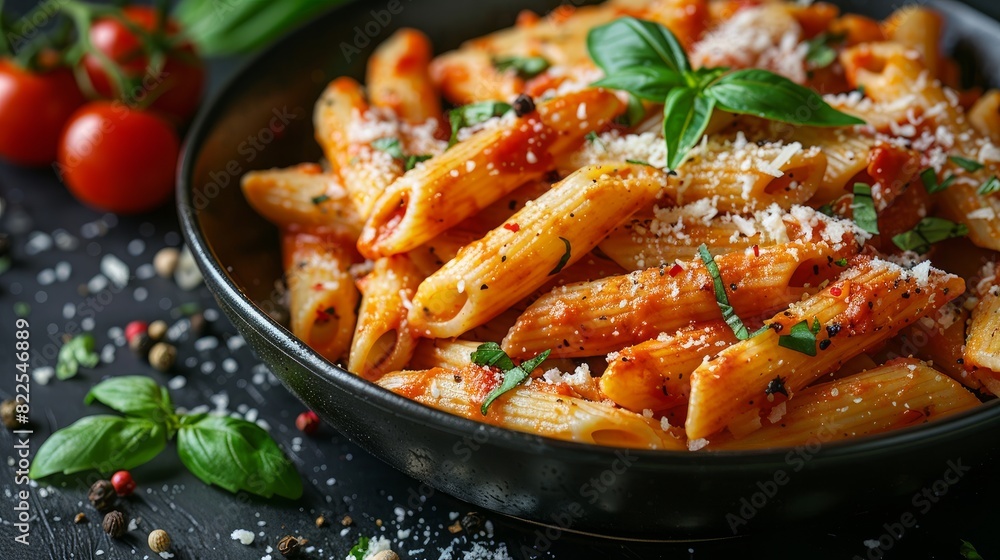 Penne pasta with tomato sauce, parmesan cheese and basil on dark background. Penne pasta with tomato sauce, parmesan cheese and basil on dark background.