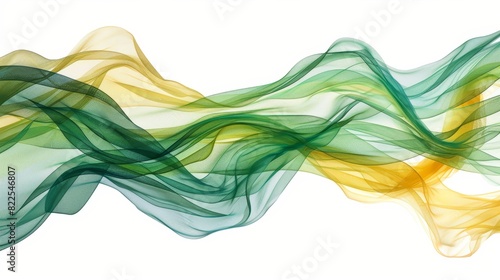  A white backdrop hosts a wave of green, yellow, and white smoke Light reflection appears at its base