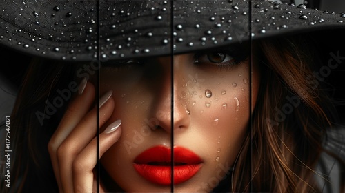 Beautiful woman in a black hat, covering her lips with her hand, propping her face, refined image