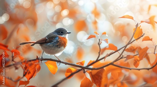 Little bird sitting on branch. Autumn time . Generative Ai