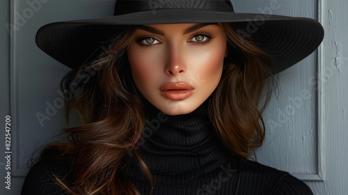 Beautiful woman in a black hat, propping her face with the same hand, covering her lips, elegant portrait