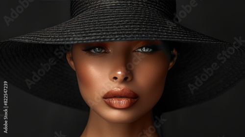 Elegant woman in a black hat, propping her face with her hand, covering her lips, refined style