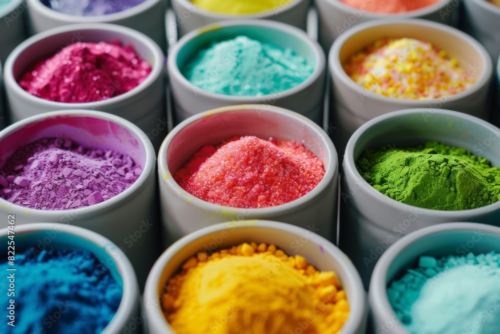 Many different colored powders in small cups Many different colored powders in small cups