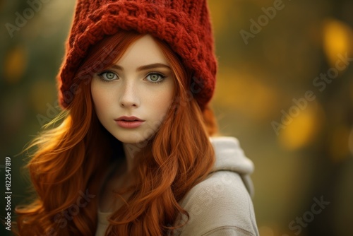 Close-up of a young woman with vibrant red hair in a knitted hat, against a blurred autumn background