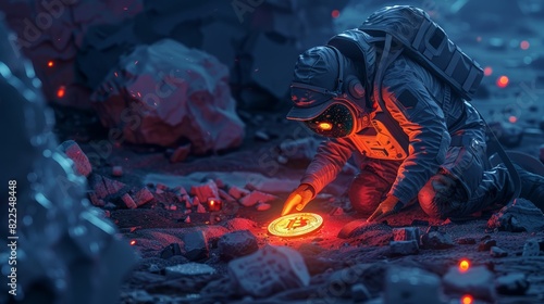 An imaginative scene depicting a futuristic archaeologist unearthing ancient cryptocurrency artifacts from the ground  blending history with technology