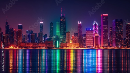 A nighttime cityscape illuminated with rainbow-colored lights on buildings, highlighting the celebration of LGBTQ pridd