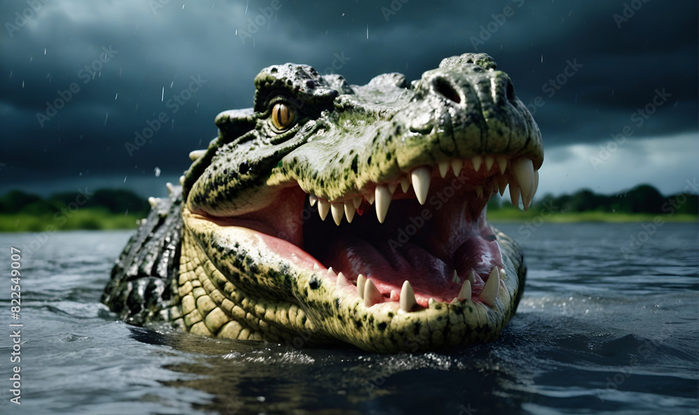 Obraz premium An angry crocodile leaps out of murky water, against a dark rainy sky