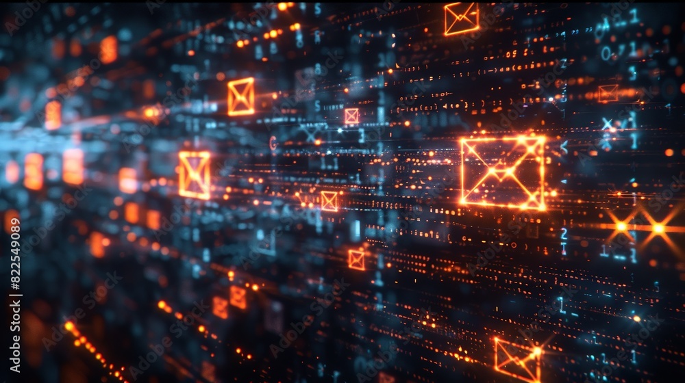 Obraz premium An abstract representation of the secure transmission of emails, with data packets traveling through encrypted channels