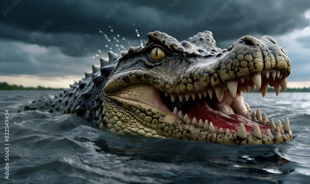 Fototapeta premium An angry crocodile leaps out of murky water, against a dark rainy sky