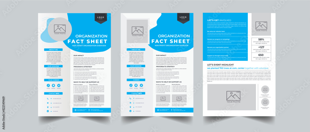 Nonprofit Organization Fact Sheet layout design template with 3 style design concept Nonprofit Organization Fact Sheet layout design template with 3 style design concept