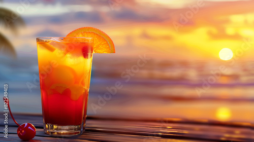 Tequila Sunrise: A vibrant tequila sunrise in a highball glass, with layers of orange and red, garnished with an orange slice and a cherry, set against a sunrise beach backdrop.