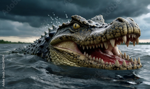An angry crocodile leaps out of murky water  against a dark rainy sky