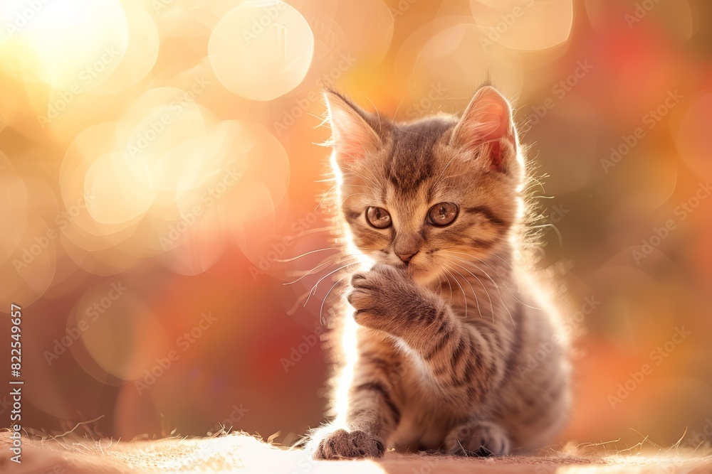 A playful scene of a kitten grooming its paw, eyes sparkling with curiosity, against a backdrop of soft, gradient orange, suggesting innocence and purity. A playful scene of a kitten grooming its paw, eyes sparkling with curiosity, against a backdrop of soft, gradient orange, suggesting innocence and purity.