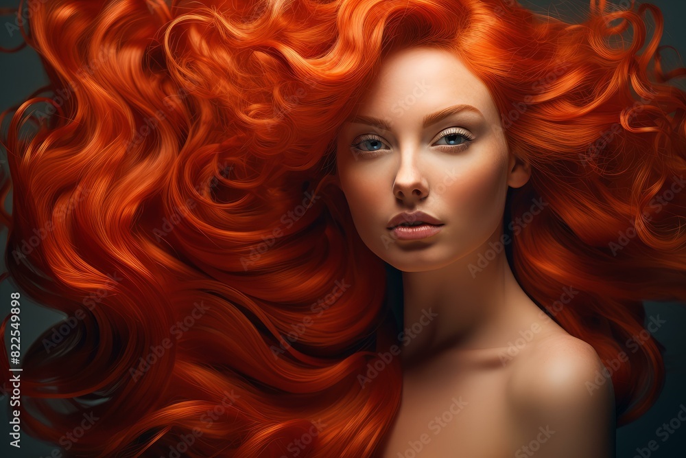 Stunning woman with vibrant red curly hair flowing around her, showcasing beauty