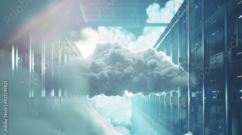 3D Rendering of Cloud with Data Center for Online Storage photo