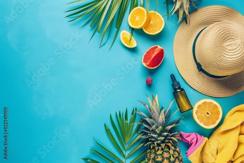 A vibrant flat lay of summer travel accessories - a straw hat, sunscreen, tropical fruits, and a beach towel, arranged on a bright blue background, capturing the essence of beach vacations.